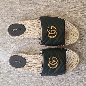 Gucci Black Leather GG Espadrille Slide Sandals with Gold Logo